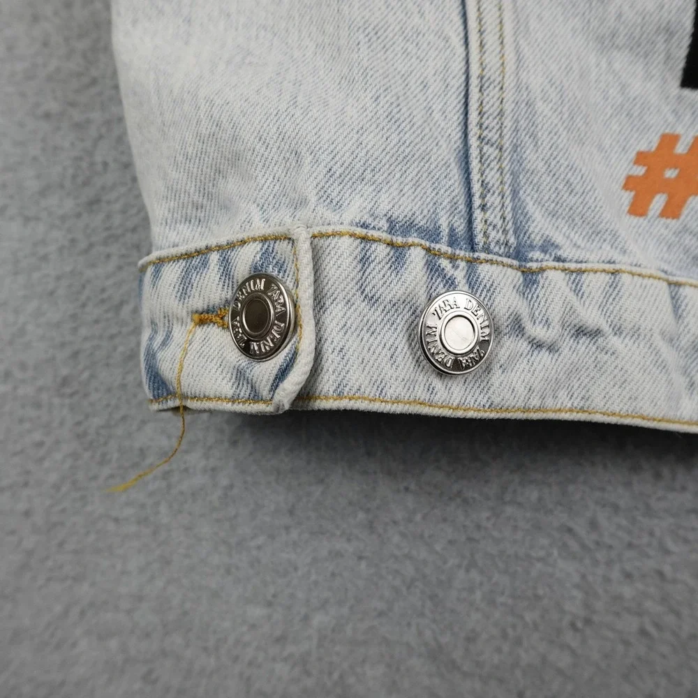 Zara Distressed Denim Jacket Mens Medium Graphic Patches Button Light Wash AOP